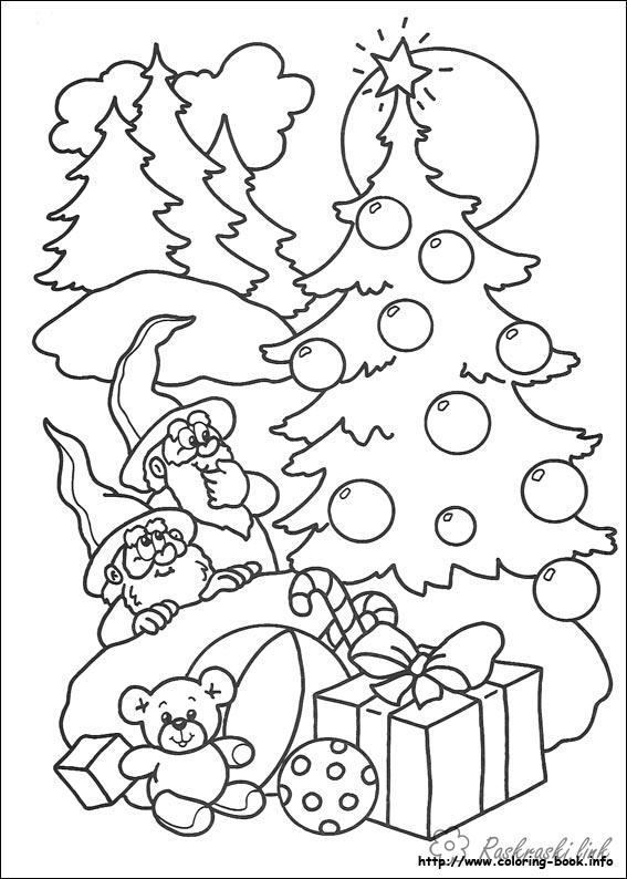 Розмальовки зима розмальовки дітям, чорно-білі картинки, новий рік, свято, зима, гноми, радість, подарунки