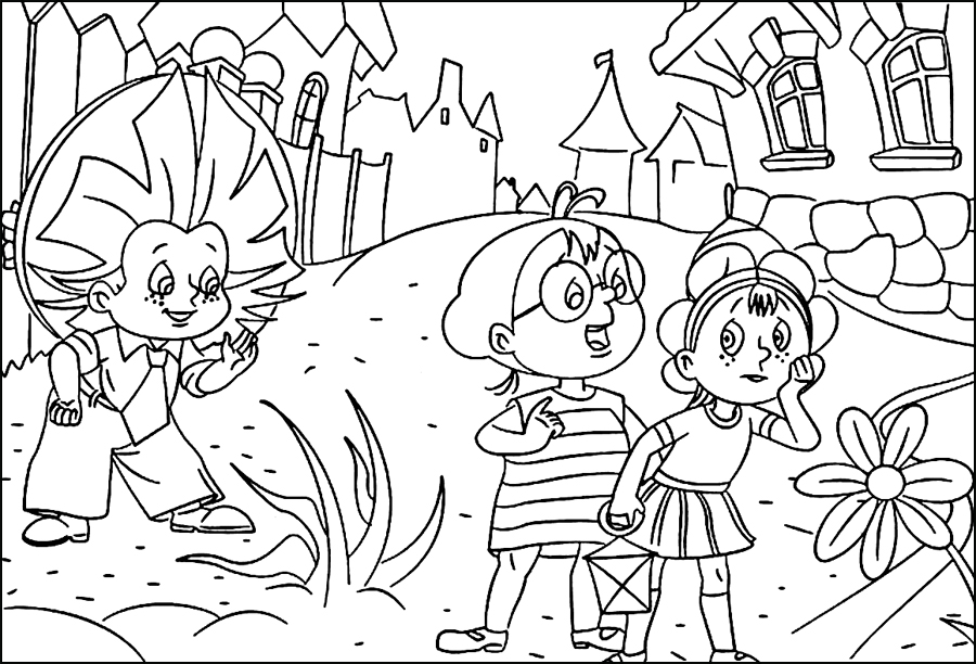 Раскраски раскраски для детей по сказкам Медуница и Кнопочка поругались с Незнайкой