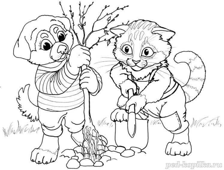 Раскраски раскраски для детей по сказкам Кошка и собачка сажают дерево, у кошки в лапах лопата а у собаки деревце