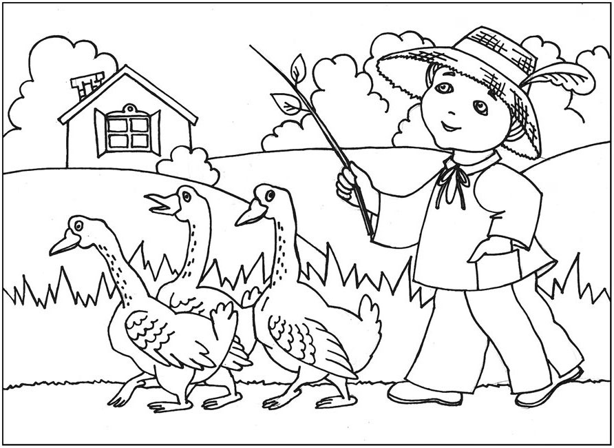 Раскраски раскраски для детей по сказкам Мальчик в шляпе с веточкой гонит гусей по тропинке