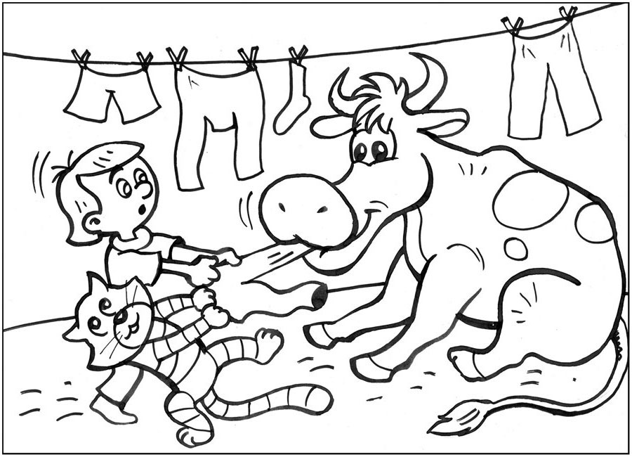 Раскраски раскраски для детей по сказкам Дядя Федор и кот Матроскин забирают штаны у коровы  
