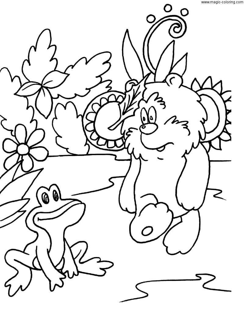 Раскраски раскраски для детей по сказкам Мишка смотрит на лягушонка, у мишки на лбу зацепился листочек