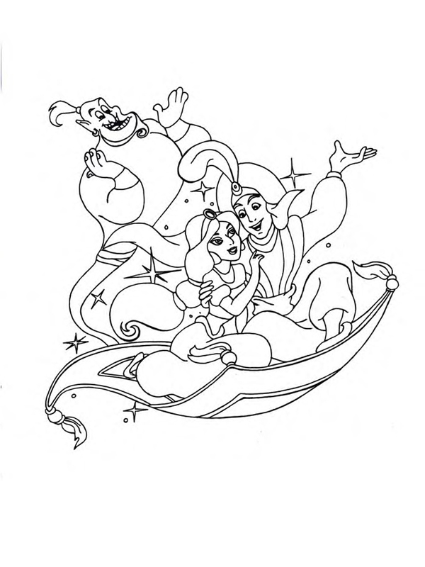 Раскраски раскраски для детей по сказкам Алладин с принцессой и джинном летят на ковре самолете