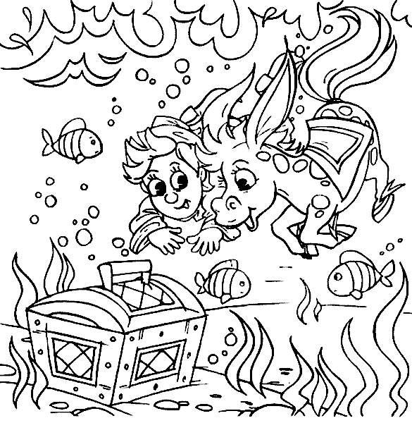 Раскраски раскраски для детей по сказкам Иван-дурак с коньком горбунком плывут на дно моря чтобы достать сундук