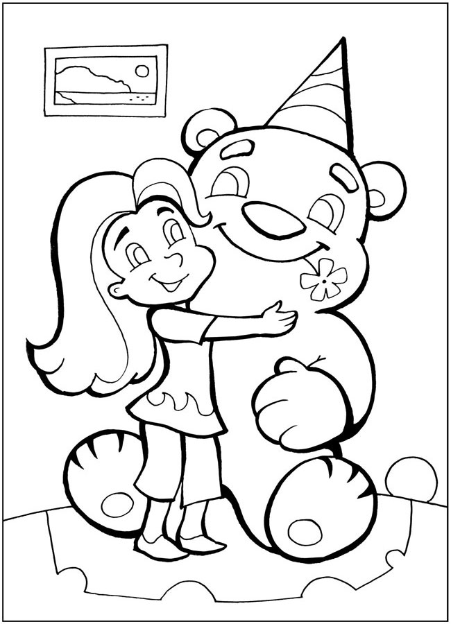 Раскраски раскраски для детей по сказкам Маленькая девочка обнимает большую игрушку, мишку