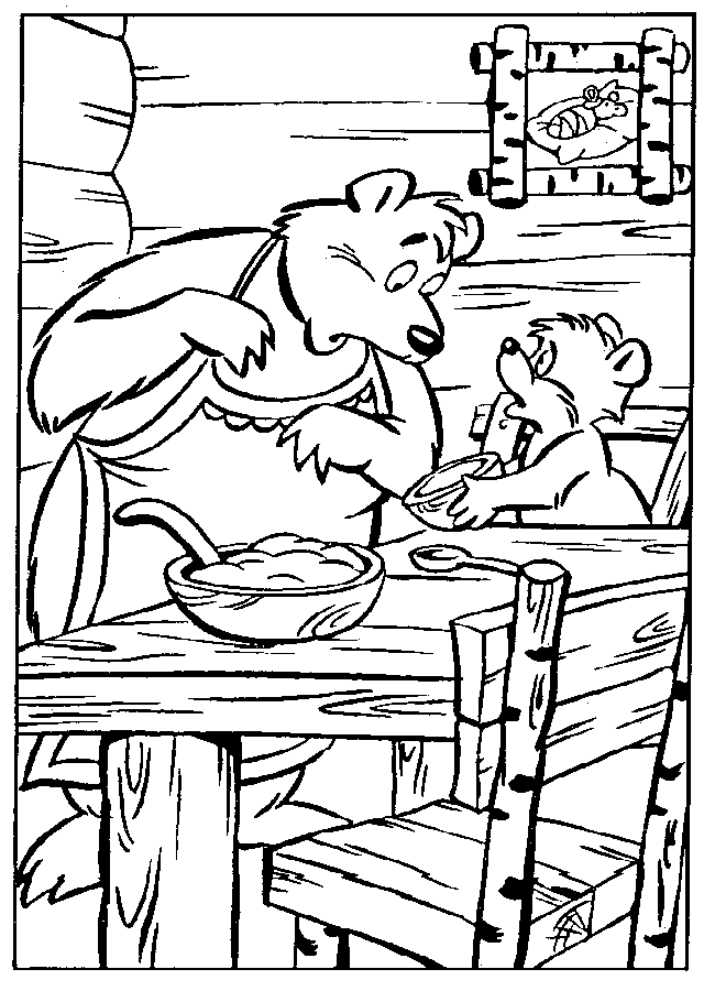 Раскраски раскраски для детей по сказкам Маленький Мишутка сидя за столом показывает маме чашку  