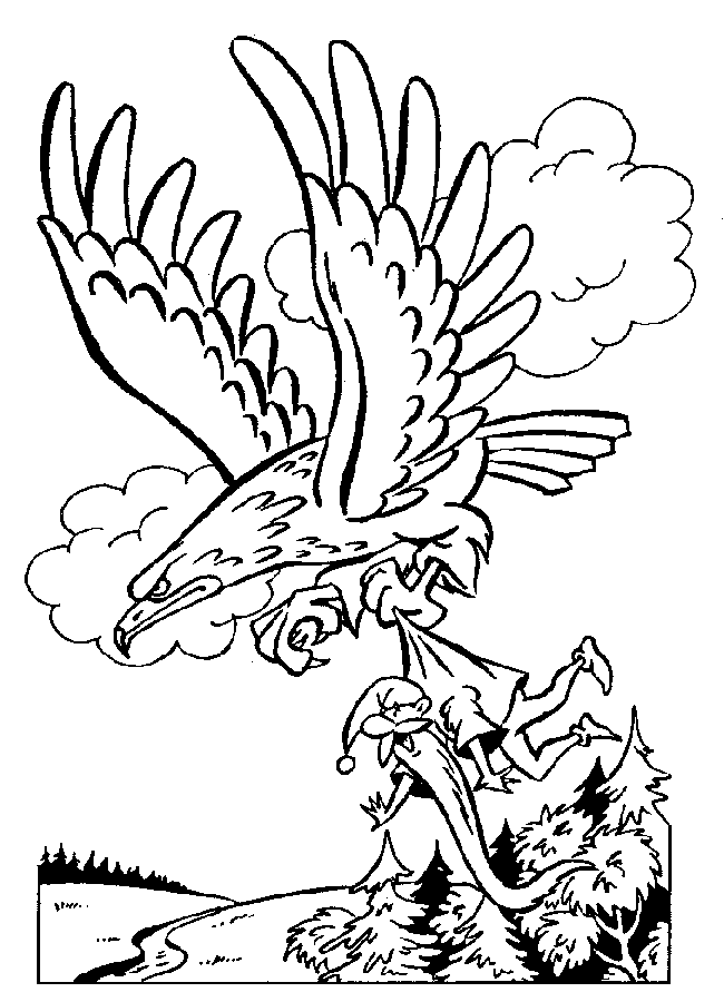 Раскраски раскраски для детей по сказкам Большой орел летит и держит в своих когтях дедушку