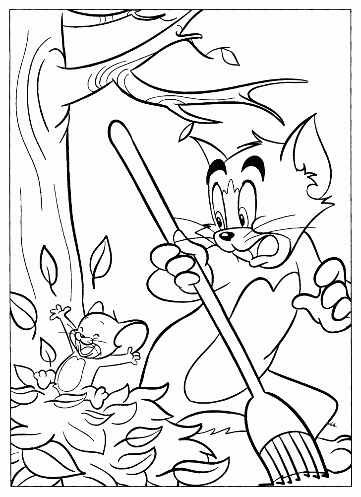 Раскраски раскраски для детей по сказкам Джерри неожиданно выскочил из кучи листьев и напугал Тома