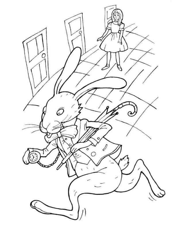 Раскраски раскраски для детей по сказкам Убежал заяц от Алисы держа в руках зонтики и карманные часы