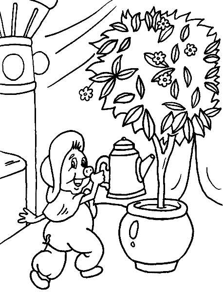 Раскраски раскраски для детей по сказкам Поросенок Фунтик поливает лейкой свое деревце