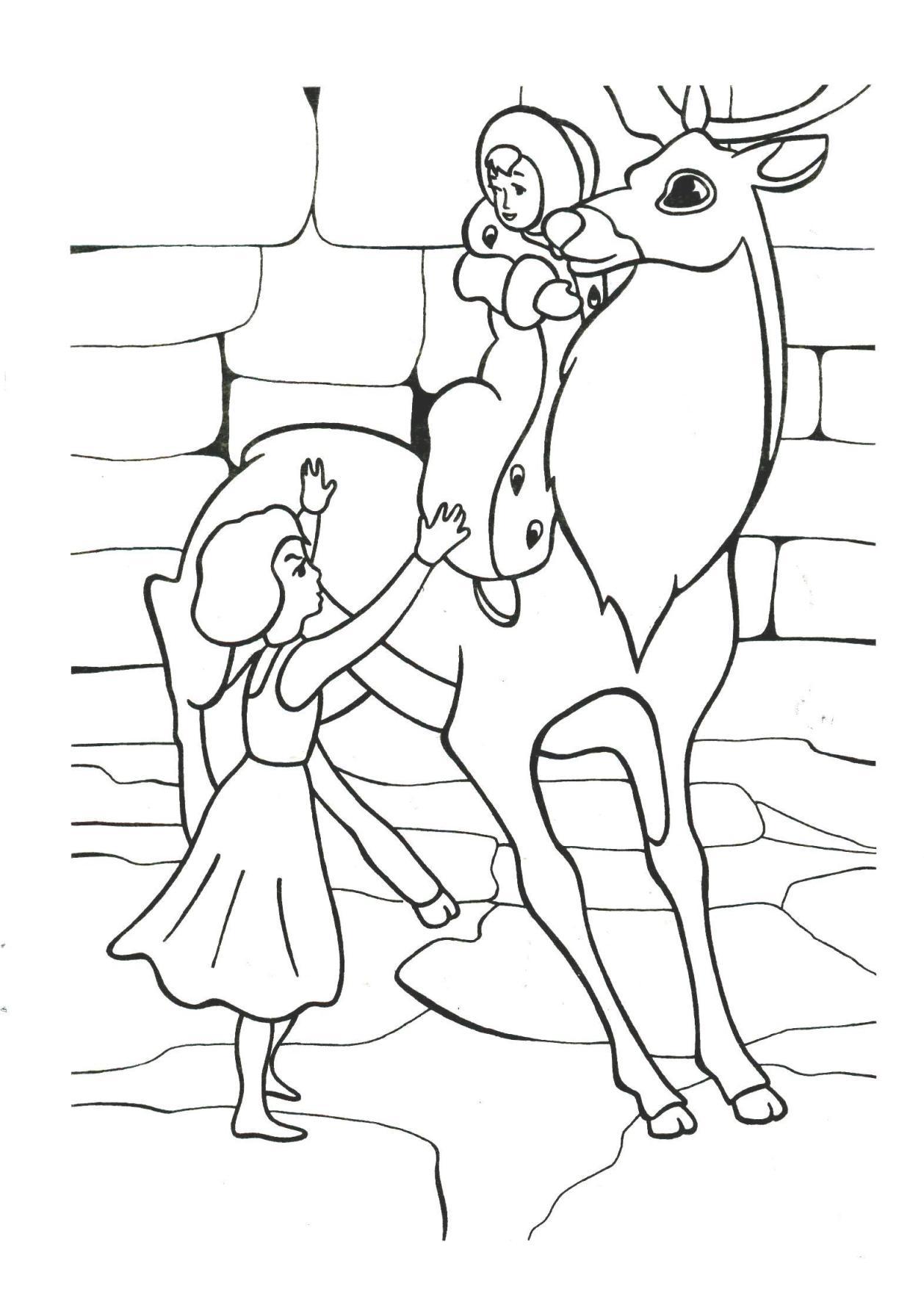 Раскраски раскраски по сказке снежная королева  герда с разбойницей, олень, раскраски, иллюстрации по сказке