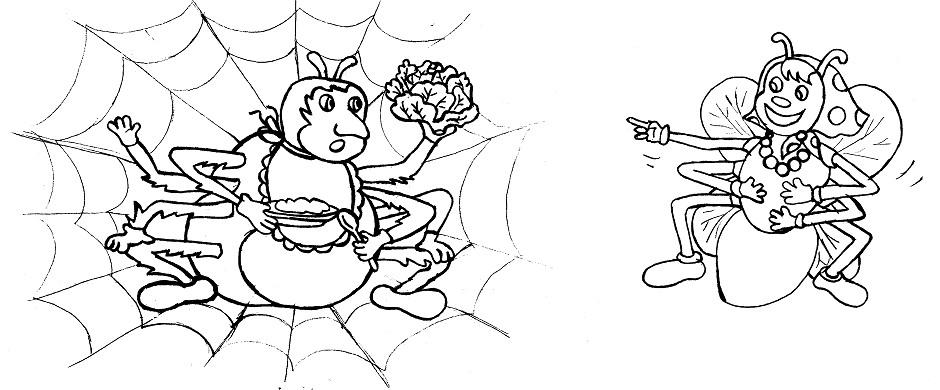 Раскраски раскраски для детей по сказкам Муха смеется над пауком которые сидит на своей паутине и кушает