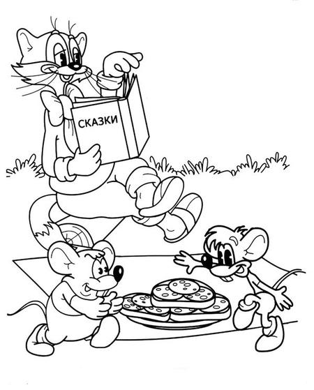 Раскраски раскраски для детей по сказкам Кот Леопольд сидя на поляне читает книжку сказки а две мышки хотят утащить бутерброды которые лежат на скатерти