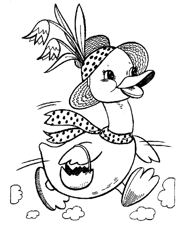 Раскраски раскраски для детей по сказкам Утка в большой шляпе и шарфиком на шее бежит и держет в крыле корзинку
