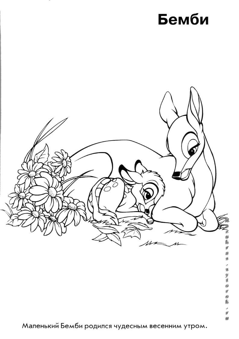Раскраски раскраски для детей по сказкам Маленький Бемби родился чудесным весенним утром