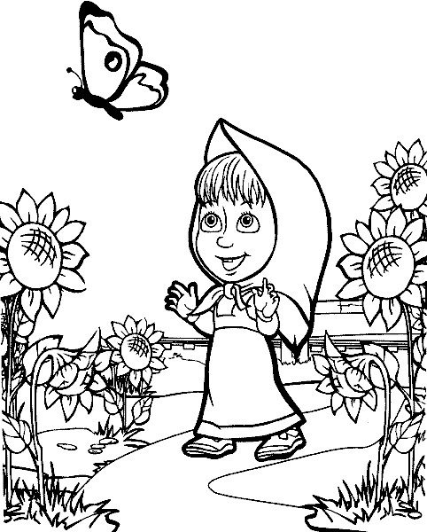 Раскраски раскраски для детей по сказкам Красная шапочка идет по тропинке и ее окружат подсолнухи которые растут рядом, а она хочет поймать бабочку