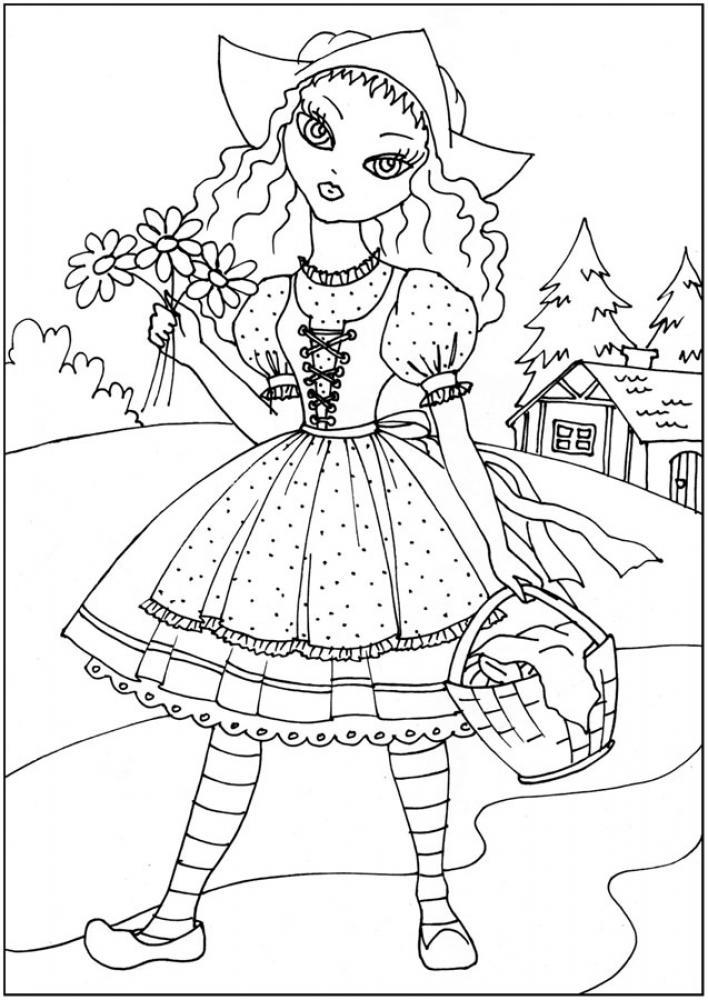 Раскраски раскраски для детей по сказкам Идет девочка по тропинке в пышном платье и держит в одной руке цветочки а в другой корзинку с пирожками 