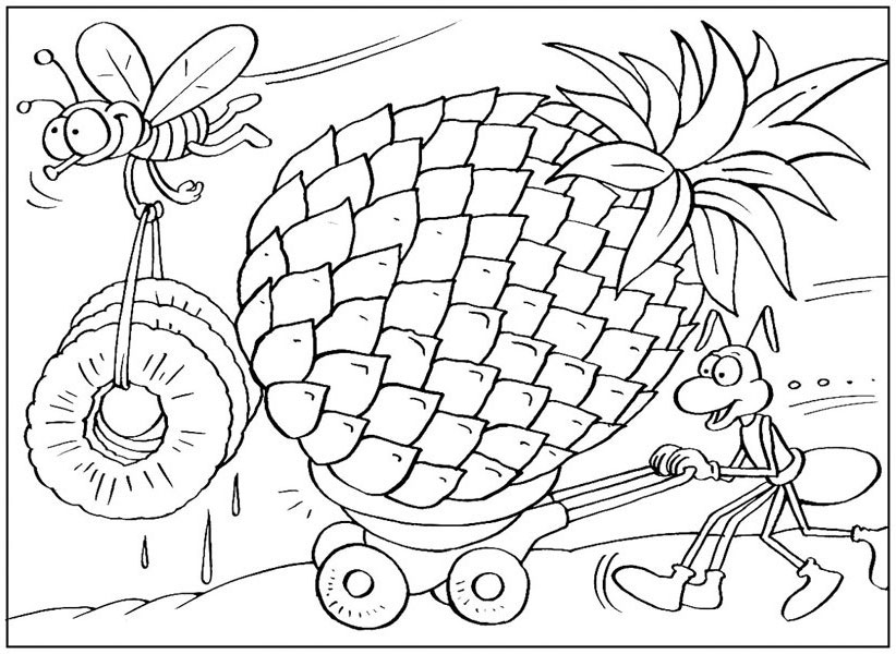Раскраски раскраски для детей по сказкам Маленький муравей везет на тележке большой ананас, а впереди летит пчела с булбиками