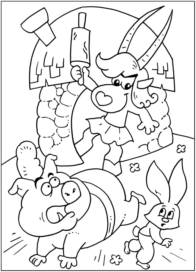 Раскраски раскраски для детей по сказкам Коза с большими рогами держа в руке скалку прогоняет из своего домика свинью и зайчонка
