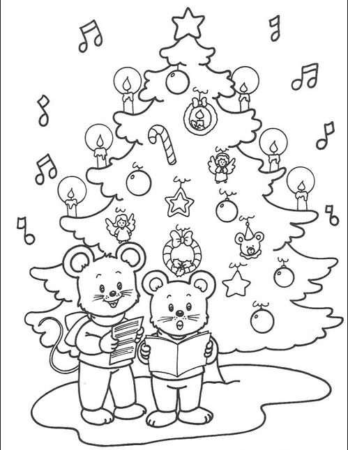 Раскраски раскраски для детей по сказкам Стоят два мышонка возле большой новогодней елки и поют песенку