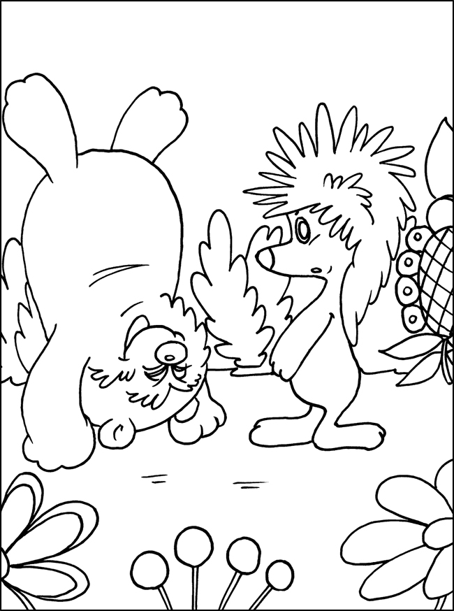 Раскраски раскраски для детей по сказкам Мишка стоит на передних лапах вниз головой и на него смотрит ежик