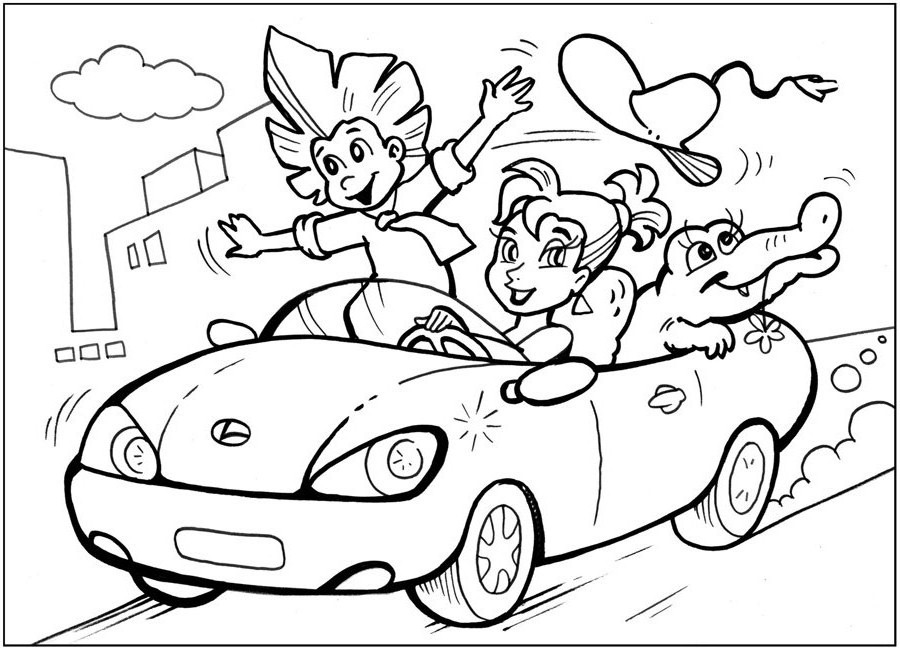 Раскраски раскраски для детей по сказкам Девушка едет на автомобиле с крокодилом и незнайкой