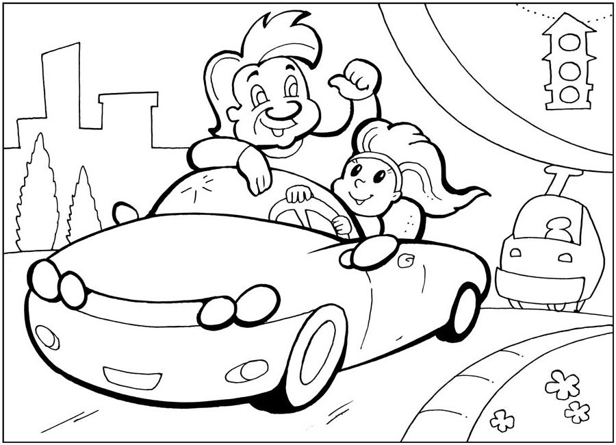 Раскраски раскраски для детей по сказкам Маленькая девочка едет на машине а рядом с ней отец