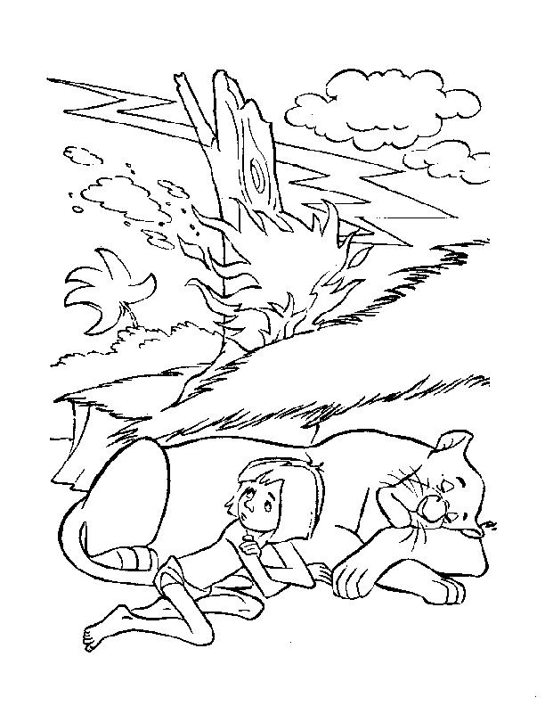 Раскраски раскраски для детей по сказкам Маугли спит рядом с багирой и за с пенной у них бушует ветер что даже в дерево попало молния и оно загорелось