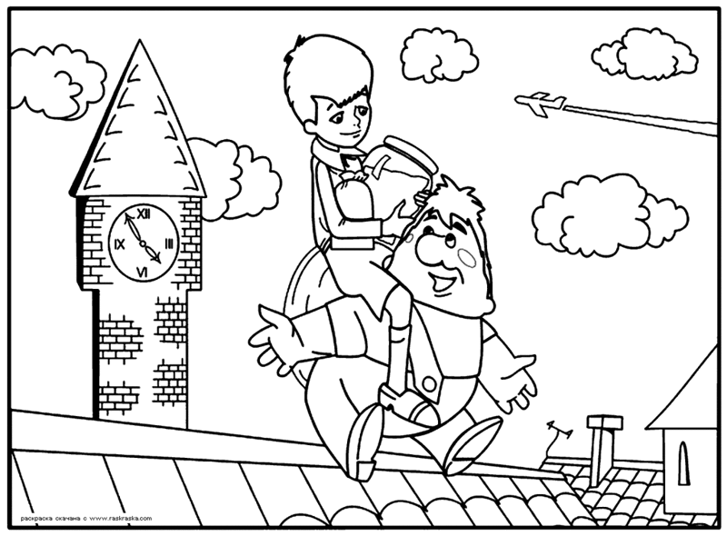 Раскраски раскраски для детей по сказкам У карлсона на шее сидит малыш и держит в руках банку вареньям с колбасой и они летят над крышой