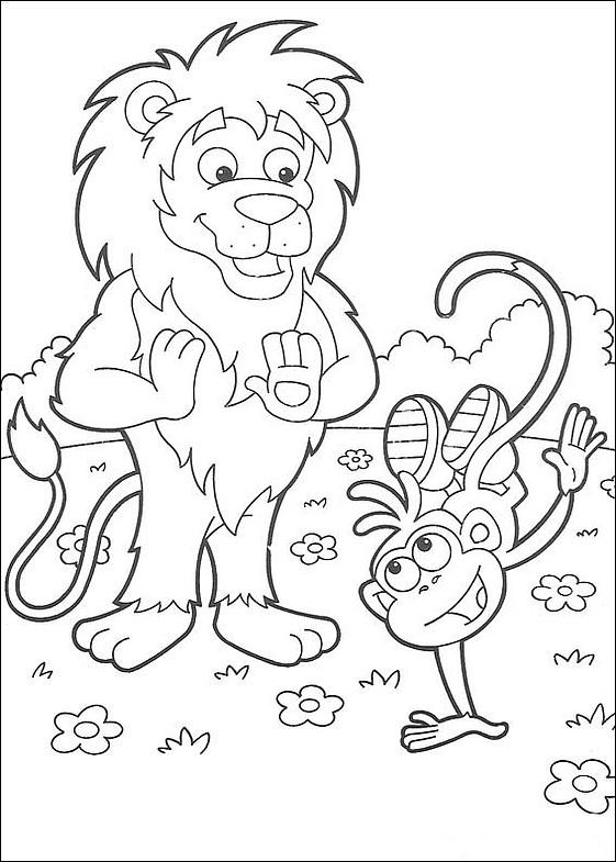 Раскраски раскраски для детей по сказкам Обезьянка показывает льву акробатический трюк стоя на одной руке, а лев ей хлопает