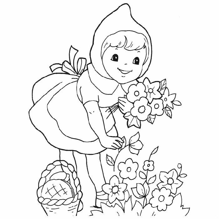 Раскраски раскраски для детей по сказкам Красная шапочка собирает букет цветов а рядом стоит ее корзинка