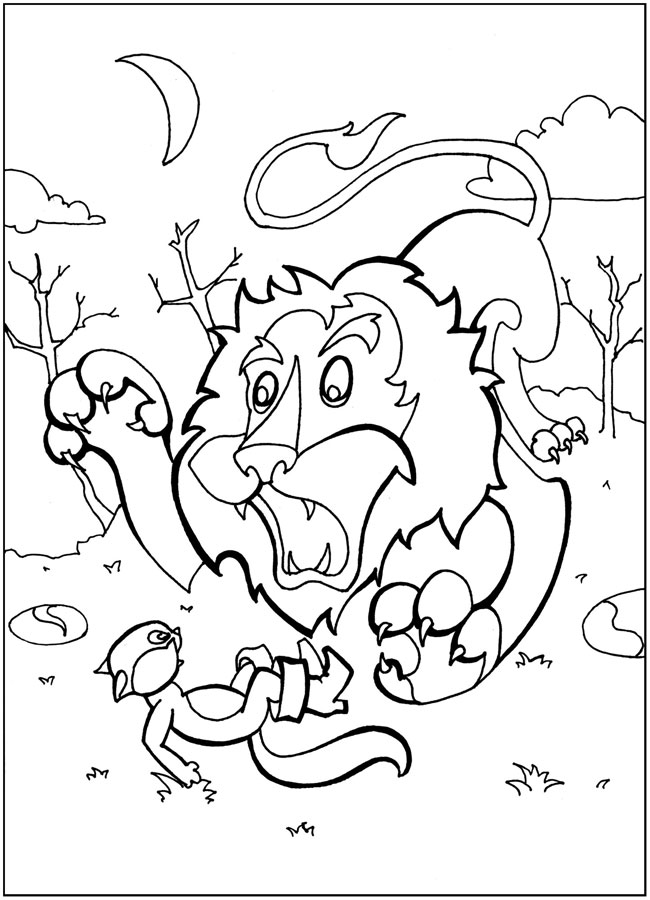 Раскраски раскраски для детей по сказкам Большой лев хочет съесть кота в сапогах, кот спотыкается и падает на спину