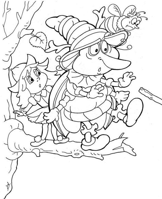 Раскраски раскраски для детей по сказкам Дюймовочка с большим жуком стоят на ветке