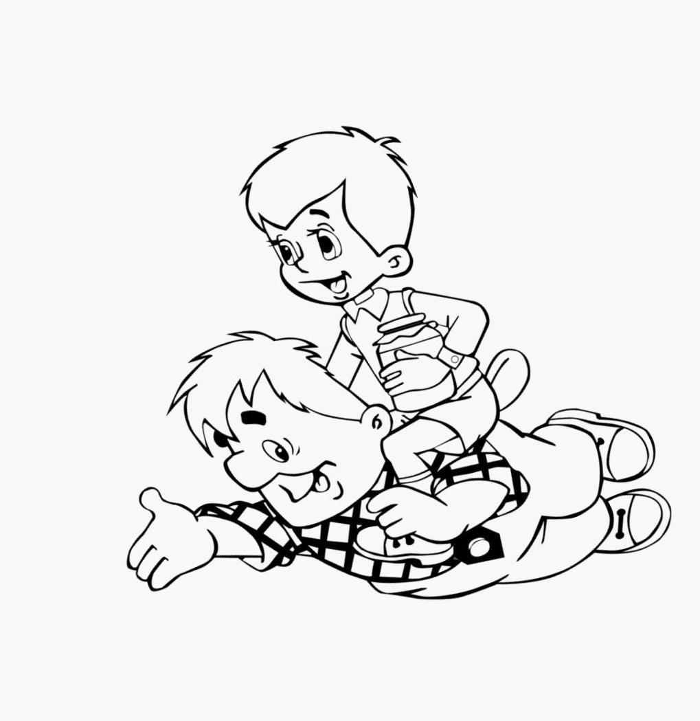 Раскраски раскраски для детей по сказкам Карлсон летит с малышом на спине, а у малыша в руках банка с вареньем