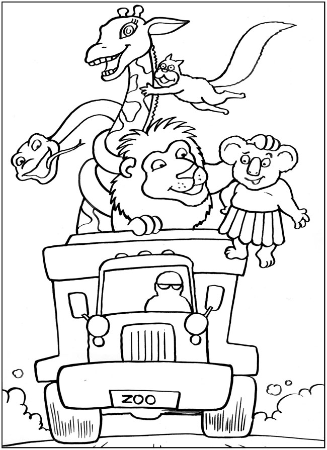 Раскраски раскраски для детей по сказкам Лев, жираф, змея, белка и коала едут на большом грузовике