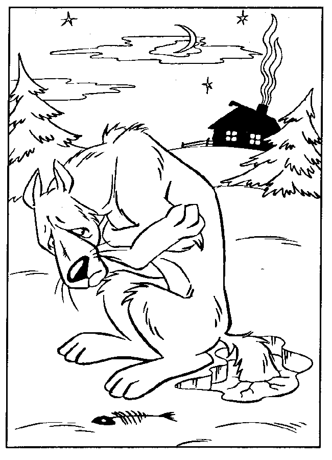 Раскраски раскраски для детей по сказкам Волк замерзает на пруду и ловит рыбу своим хвостом