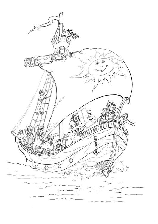 Раскраски раскраски для детей по сказкам По морю плывет большой корабль и им управляет капитан, а на парусе у них изображено солнышко 