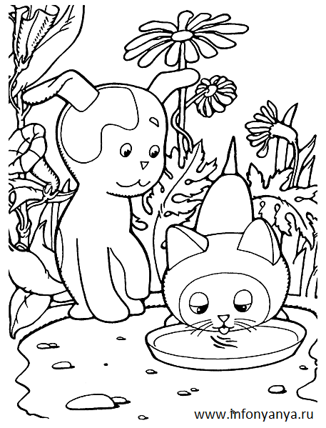 Раскраски раскраски для детей по сказкам Котенок по имени Гав лакает молоко из блюдца и рядом смотрит собачка