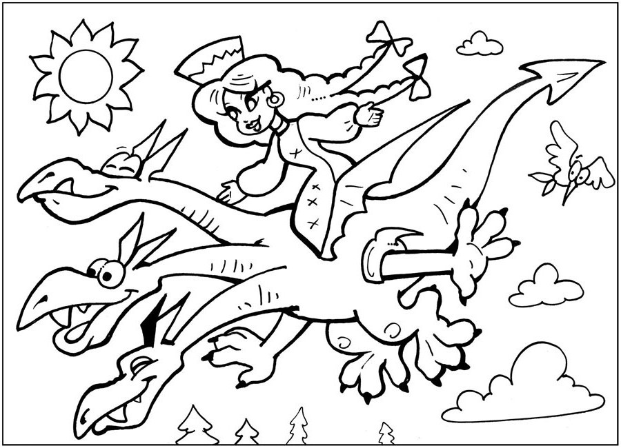 Раскраски раскраски для детей по сказкам Принцесса летит в небе на трех головам драконе