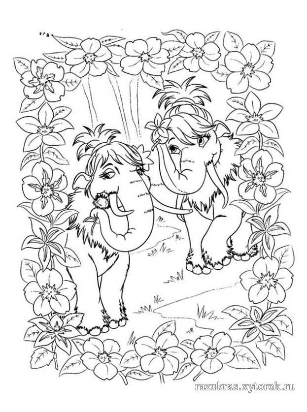 Раскраски раскраски для детей по сказкам Два мамонта идут по джунглям и держат в своих хоботах по цветочку 