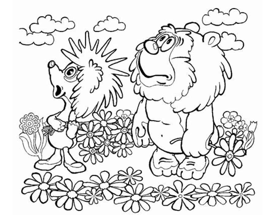Раскраски раскраски для детей по сказкам Медвежонок и ежик смотрят удивленно на небо, держа в лапках ромашки