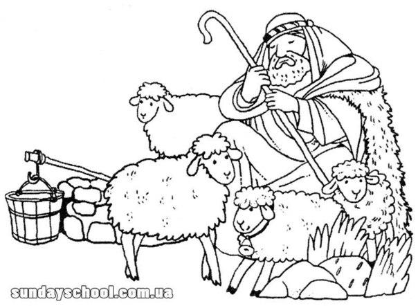 Раскраски раскраски для детей по сказкам Пастух уснул с палочкой в руке и рядом вокруг него бегают овцы