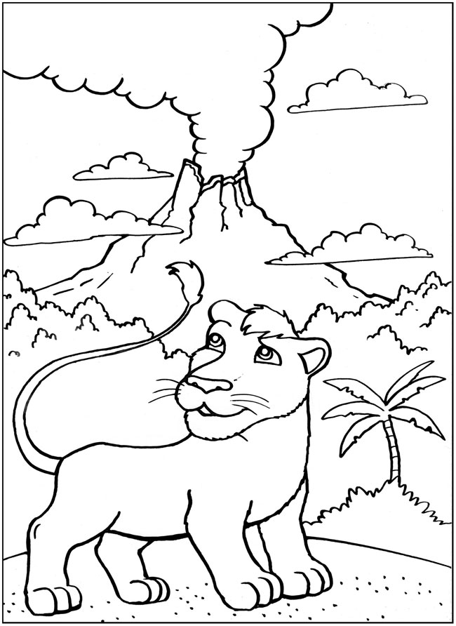 Раскраски раскраски для детей по сказкам Львенок стоит на фоне дымящего вулкана в джунглях