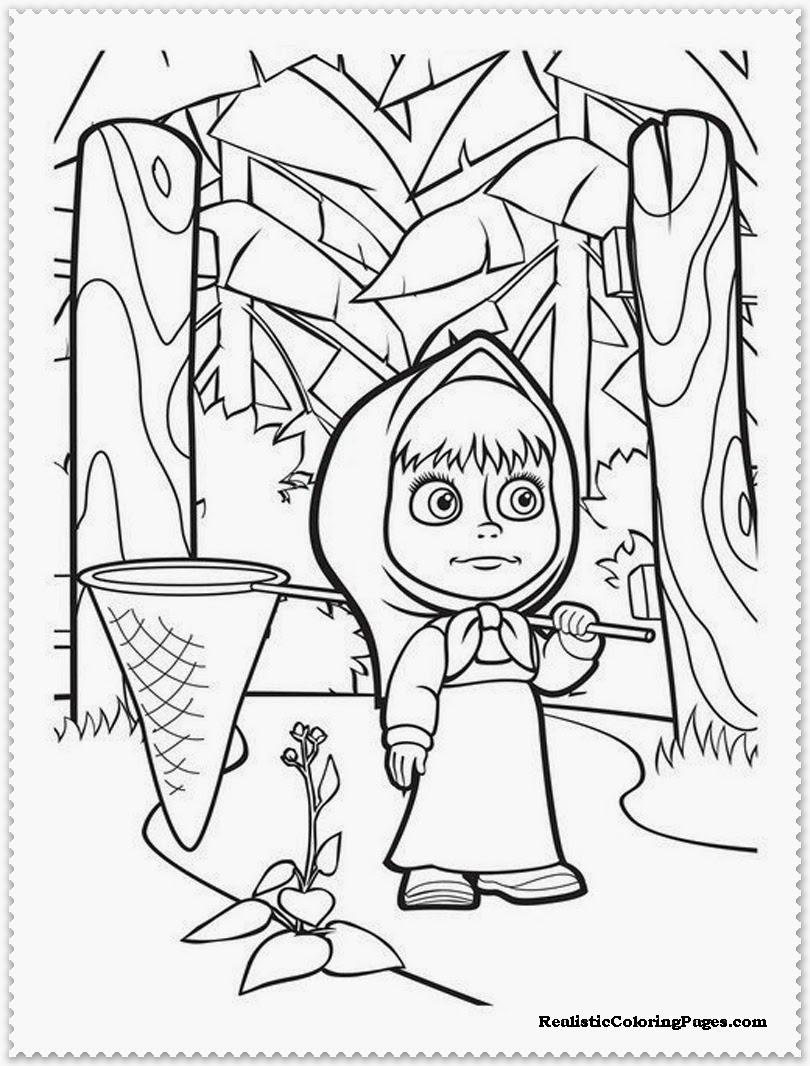 Раскраски раскраски для детей по сказкам Маша идет по тропинке в лесу держа на плече сачок