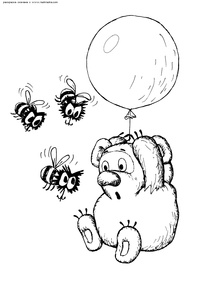Раскраски раскраски для детей по сказкам Винни пух летит на воздушном шарике и вокруг него жужжат пчелы 