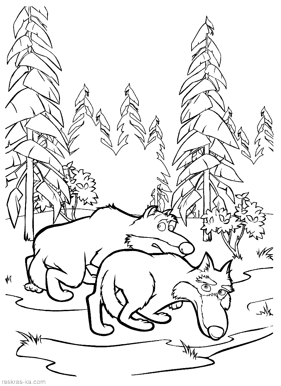 Раскраски раскраски для детей по сказкам Два серых волка идут по лесу среди высоких деревьев