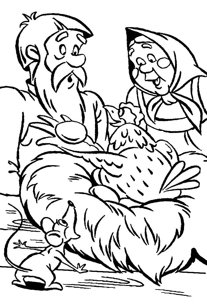 Раскраски раскраски для детей по сказкам Курочка ряба показывает дуду с бабкой с не сенное яйцо, а мышка смотрит удивленными глазами
