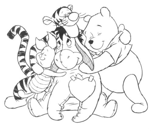 Раскраски раскраски для детей по сказкам Винни пух, пяточек и тигренок обнимают ослика  