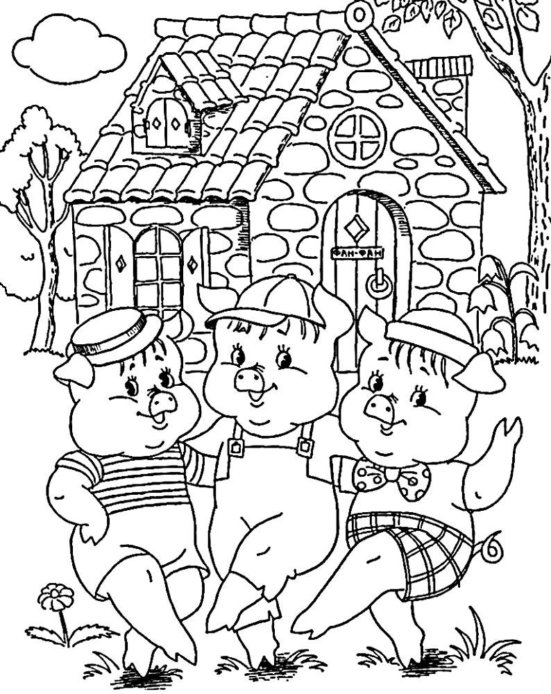 Раскраски раскраски для детей по сказкам Три поросенка танцуют перед своими домиком