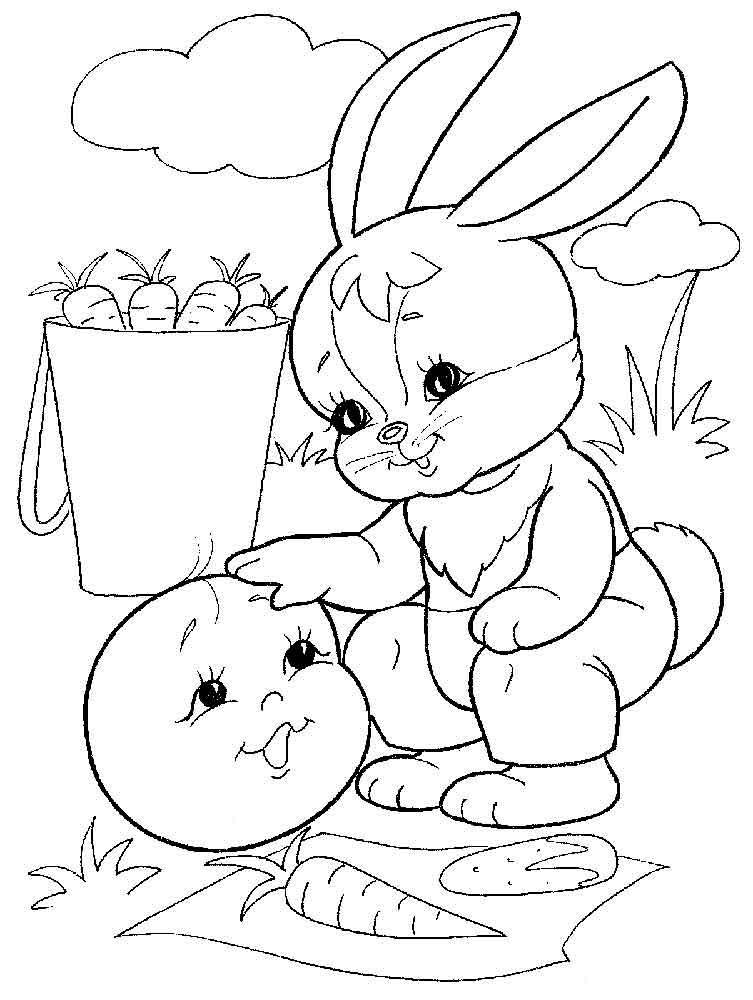 Раскраски раскраски для детей по сказкам Зайчонок гладит колобка на поляне, а рядом стоит ведерко с морковкой